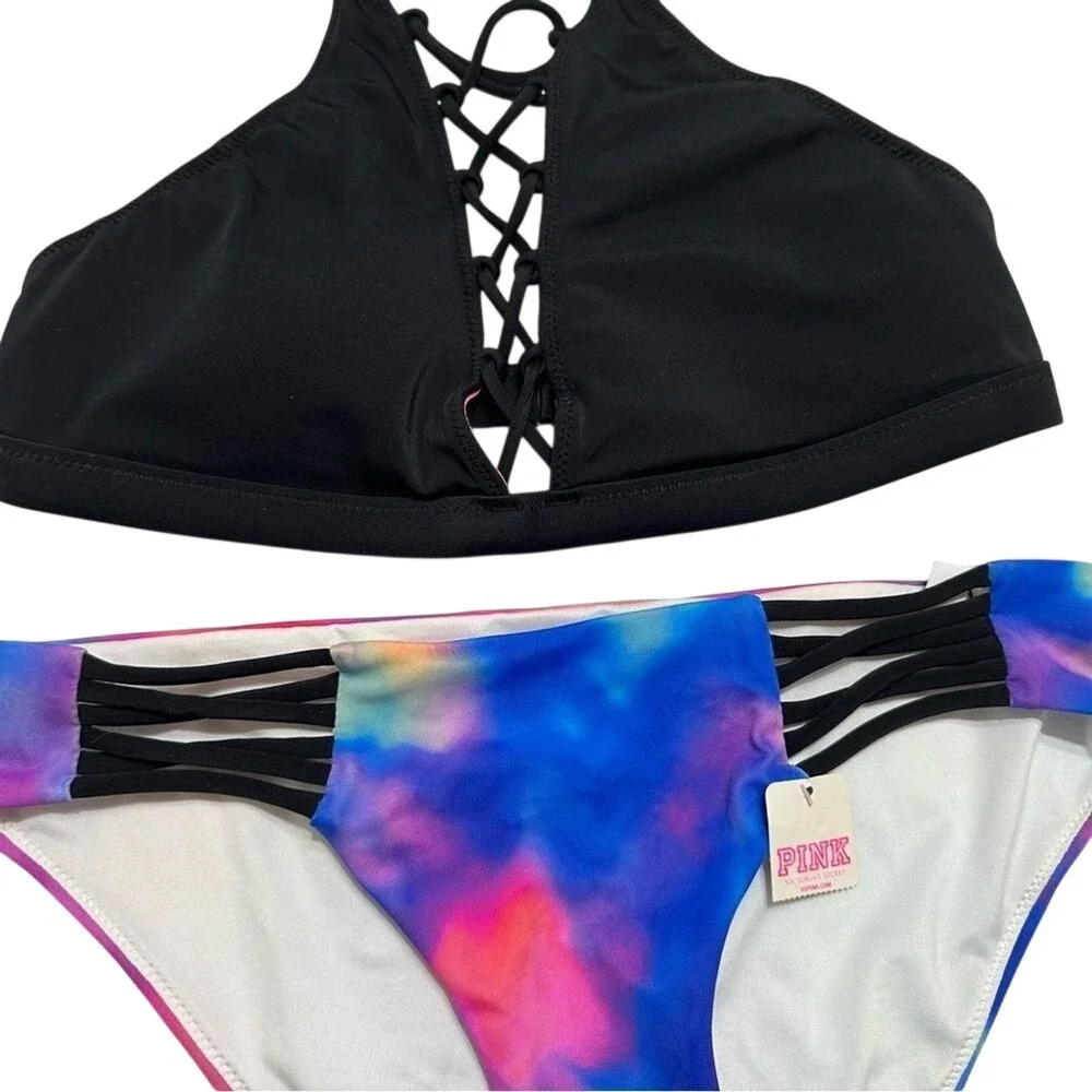 Victoria's Secret PINK Bikini Set Black Lace Up Top Tie Dye Caged Bottoms Small